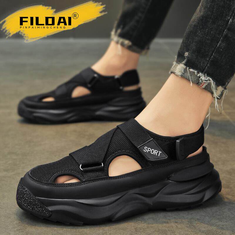 潮牌凉鞋男款夏季外穿运动防滑镂空沙滩鞋户外开车增高包头凉拖鞋