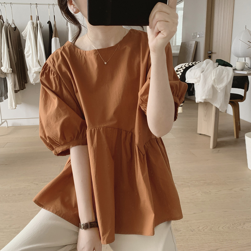 韩国夏季半袖衬衫女宽松显瘦套头高腰小清新棉质泡泡袖娃娃衫上衣