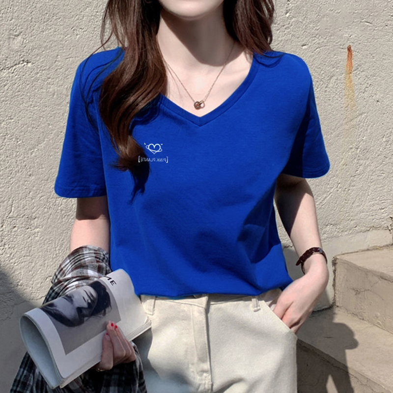 克莱因蓝V领短袖T恤女2025夏季新款韩版宽松纯棉印花半袖体恤上衣