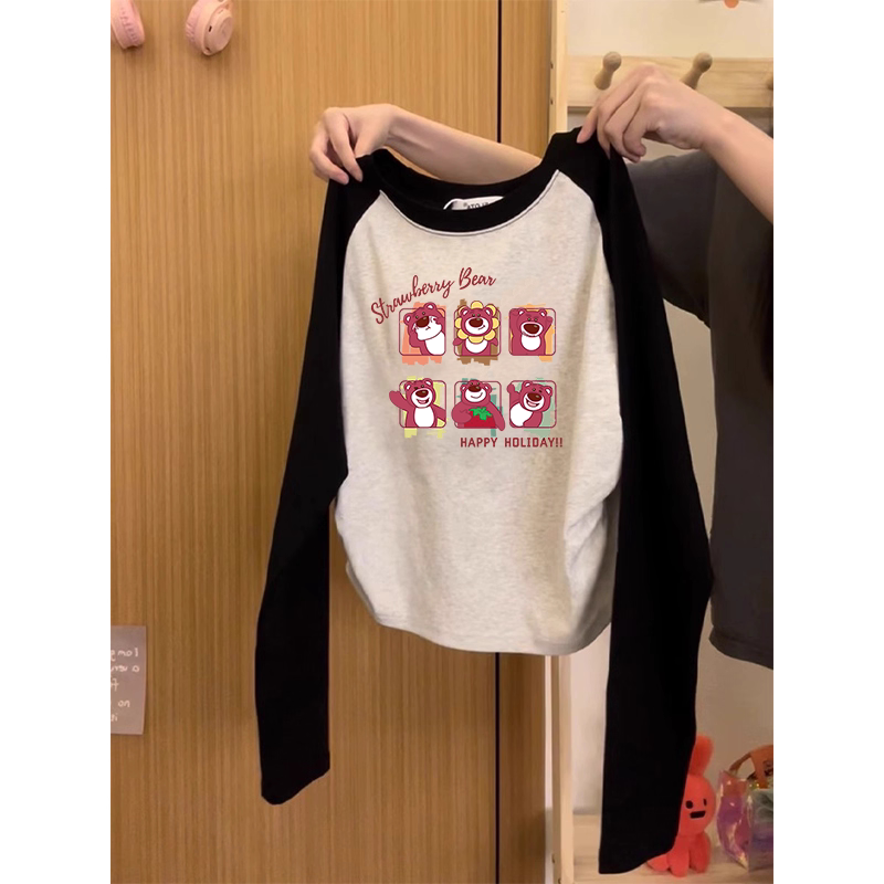 纯棉女童长袖春秋插肩拼接新款上衣儿童T恤印花中大童打底洋气