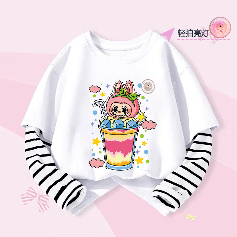 折扣清仓专柜品牌童装纯棉长袖T恤女童假两件春秋季儿童卡通上衣