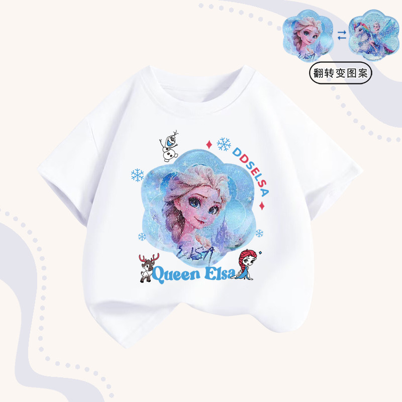品牌清仓特价撤柜清仓女童短袖T恤夏季艾莎公主亮片儿童白色上衣