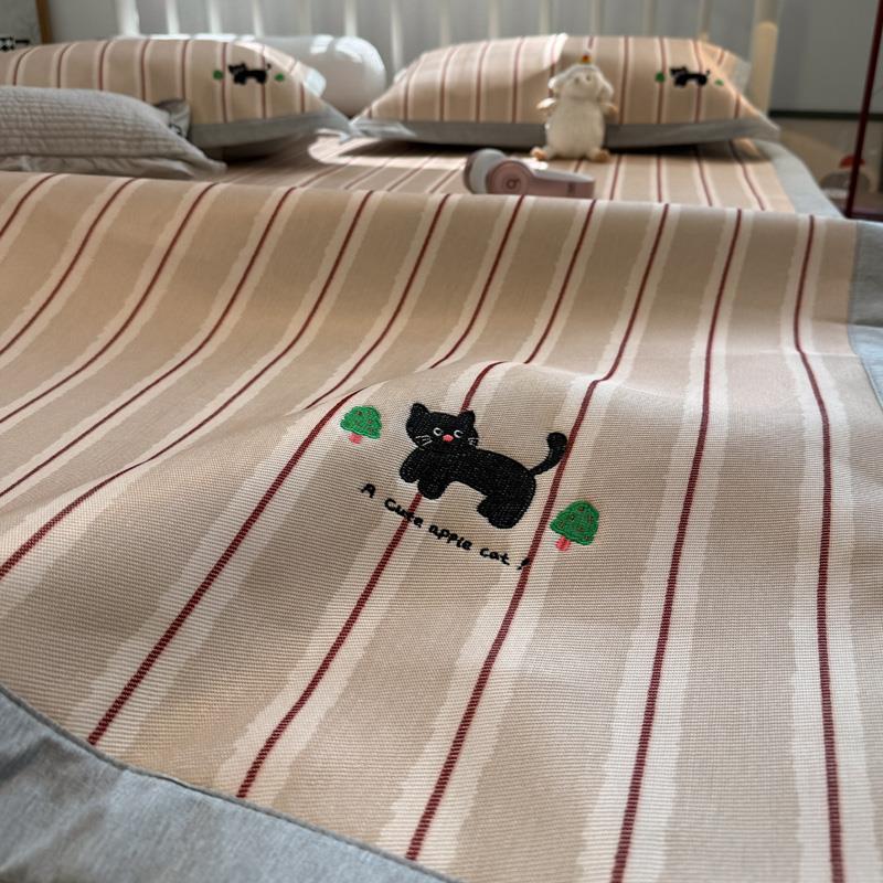ins条纹猫咪夏季凉感可机洗冰丝凉席三件套空调软席子1.8m1.5米床
