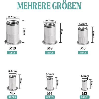 235件平头竖纹铆螺母组合套装304不锈钢拉紧螺母铆螺母带储物盒