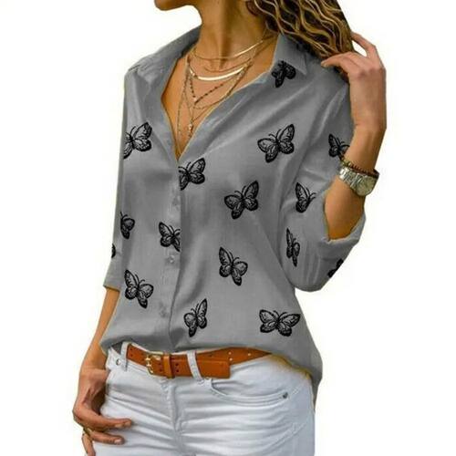 Butterfly print loose collar shirt women蝴蝶印花宽松翻领衬衣