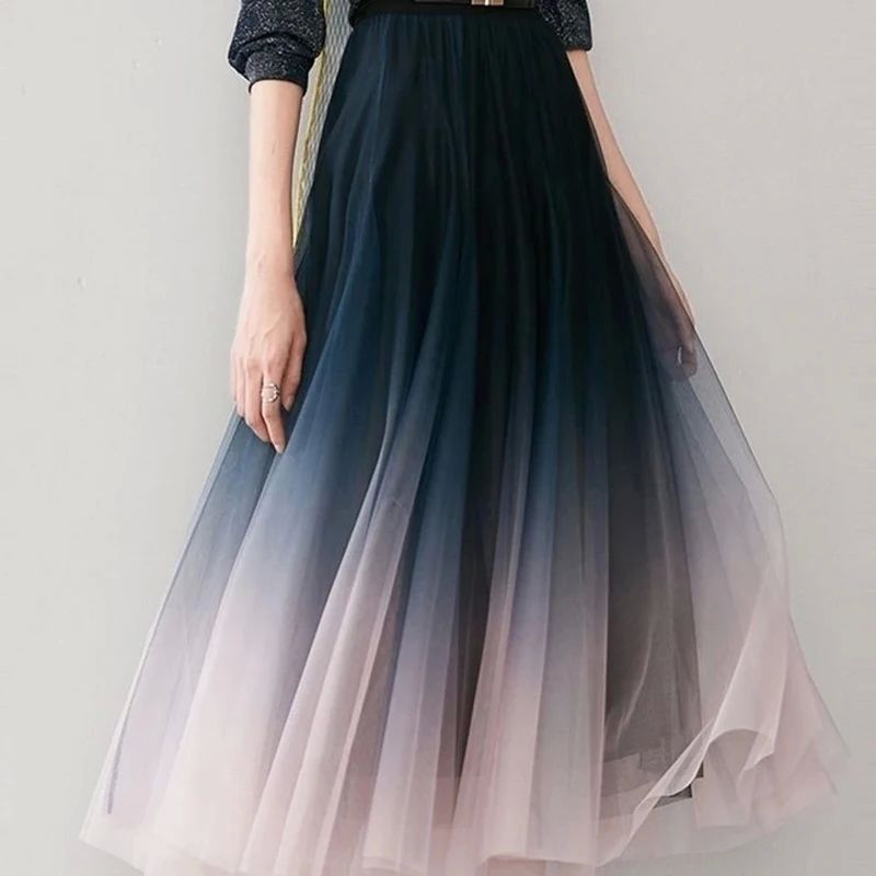 Gradient mesh high waisted swing skirt渐变网纱高腰大摆半身裙