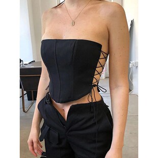 Hollow out strap flat cut sleeveless top镂空绑带平口无袖上衣