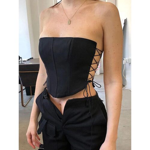 Hollow out strap flat cut sleeveless top镂空绑带平口无袖上衣