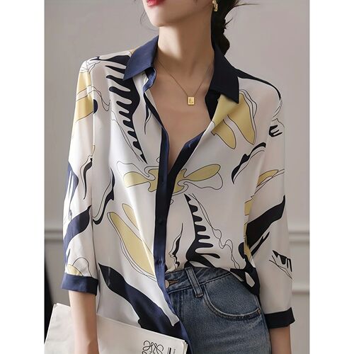 Printed single breasted lapel shirt women 印花单排扣翻领衬衫