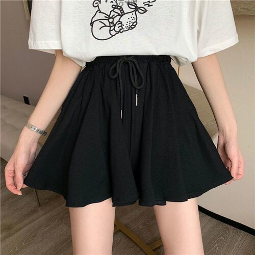 Solid color elastic waist tie short skirt 纯色松紧腰系带短裙