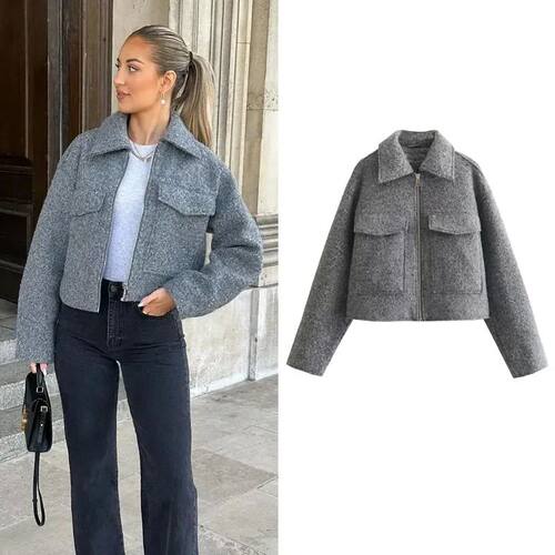 Loose long sleeved woolen jacket for women宽松长袖毛呢外套女