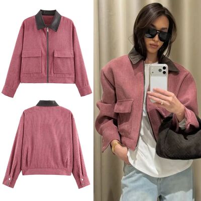拼接皮领夹克外套Splicing zipper leather collar jacket jacket
