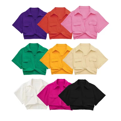 Solid color short sleeved lapel shirt women 纯色短袖翻领衬衫