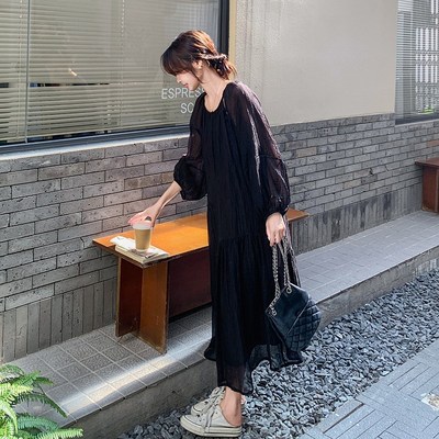 法式赫本a风黑色镂空连衣裙女春秋2025新款韩系简约设计感独特长
