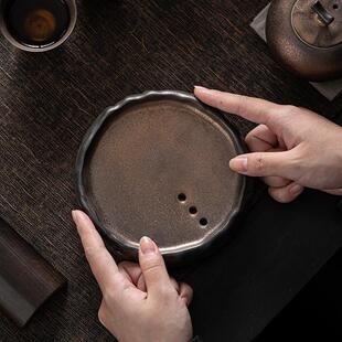 粗陶干泡台陶瓷储水茶托盘仿古养壶垫子 复古鎏金圆形壶承