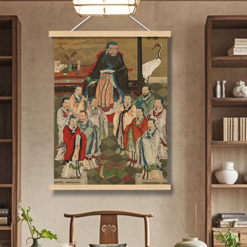 孔子画像挂画孔夫子挂像教室客厅中堂宿舍布艺挂轴装饰背景墙壁画图片
