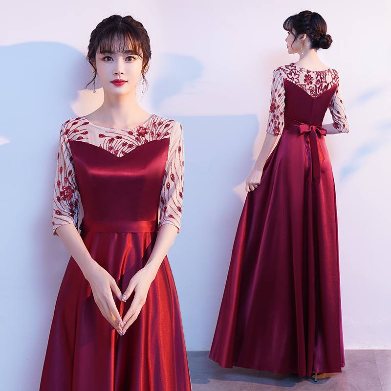红歌大合唱演出服女长裙中老年比赛主持人诗歌朗诵显瘦宴会礼服裙