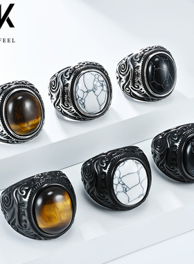 欧美复古雕花镶嵌虎眼宝石钛钢戒