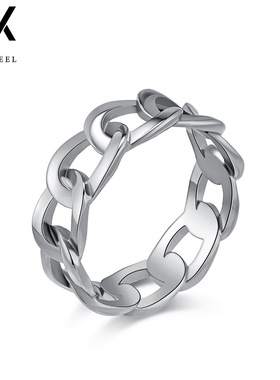 INS简约镂空古巴链条不锈钢戒指