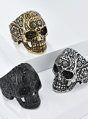 复古暗黑风骷髅头不锈钢戒指男士