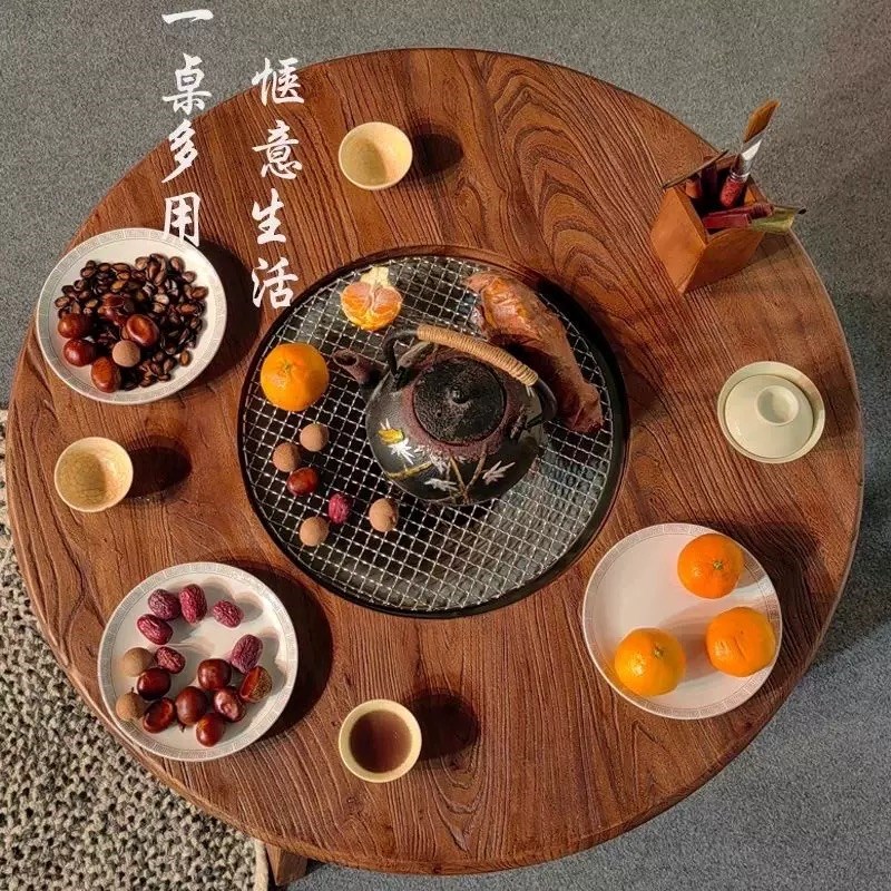 老榆木围炉茶桌实木小圆桌复古原木阳台I煮茶桌户外围炉烧烤火锅