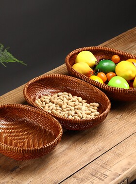手工竹编收纳盒复j古筐大漆无孔圆簸箕水果篮子茶道点心馒头收纳
