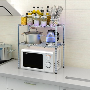 厨房置物架两层落地可调节隔层架23F家用台面收纳整理架微波炉架