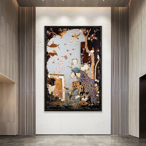 孔雀神鸟中古镜子中式画国风艺术品送礼I画装饰镜书房客厅玄关挂