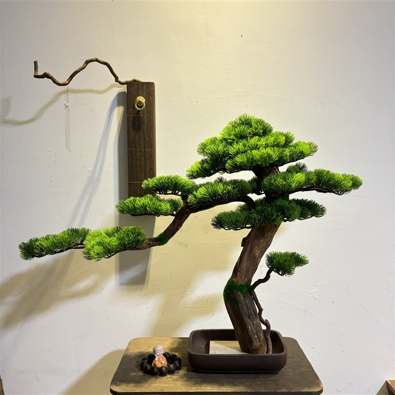 仿真迎客松假植物盆景摆件中式客厅玄关室L内崖柏松造型树摄影道