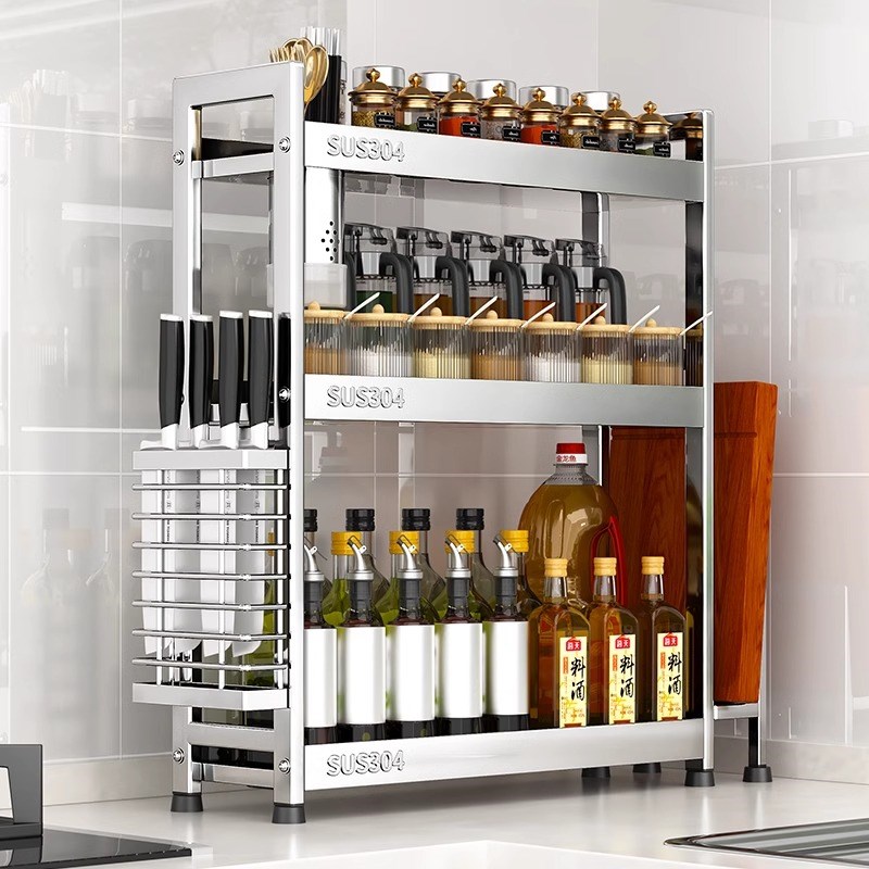 304不锈钢调料架n小厨房多功能置物架台面落地多层窄调味品收纳架