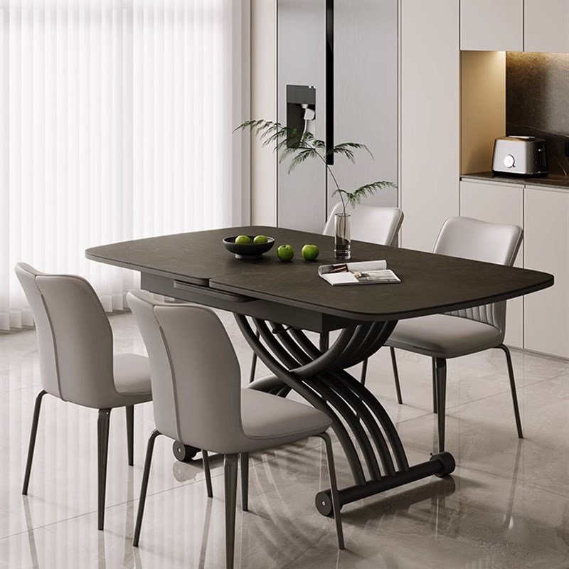 岩板餐桌茶几可升降折叠拉台两D用移动家用小户型钢架多功能