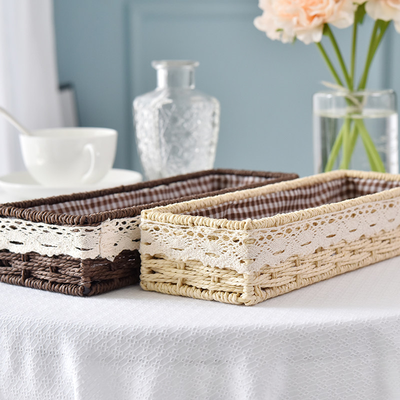 桌面收纳盒化妆品杂物收r纳筐细长条窄长型藤编布艺小置物篮长方,收纳整理,桌面收纳盒,淘宝优惠券,粉丝福利购,淘宝优惠卷