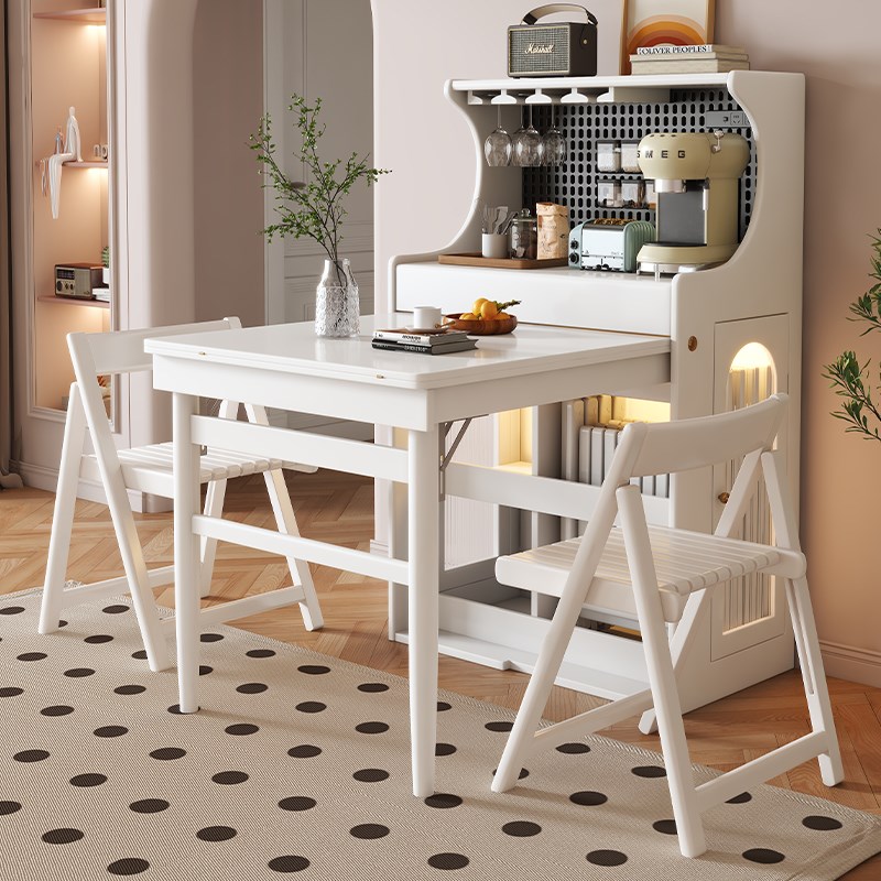 实木折叠伸缩餐桌餐边柜一体家用小户I型储物柜奶油风多功能饭桌