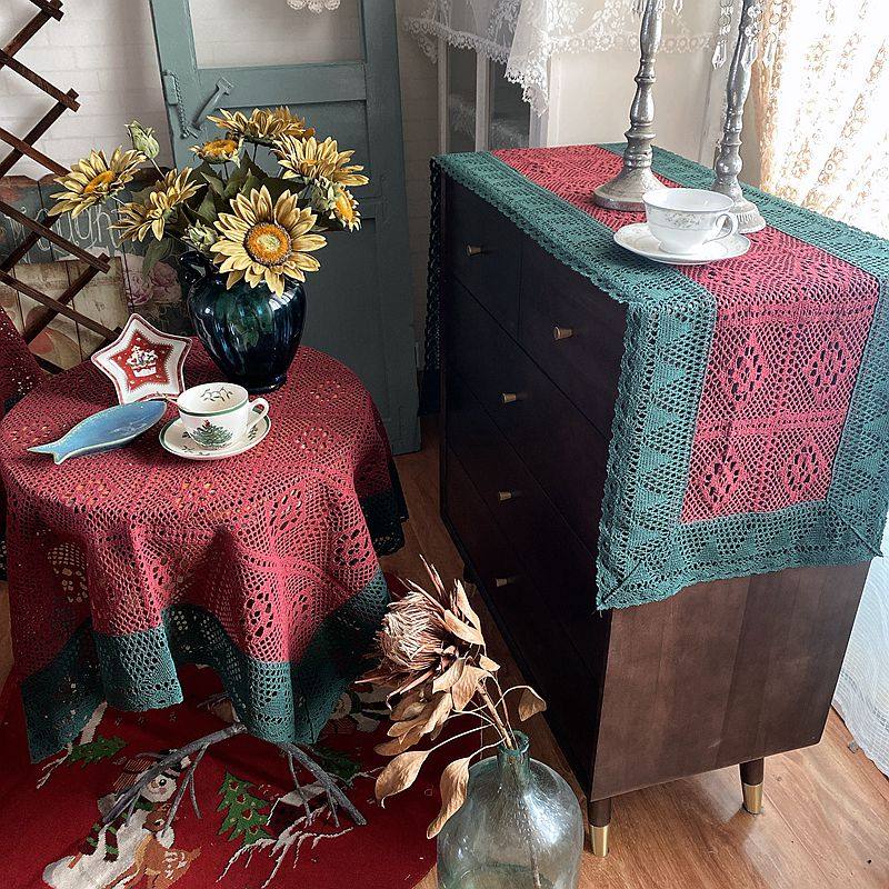 蓝墨秋黎圣诞季浓郁美式乡村复古棉线编制蕾丝桌布茶几Z布桌旗盖