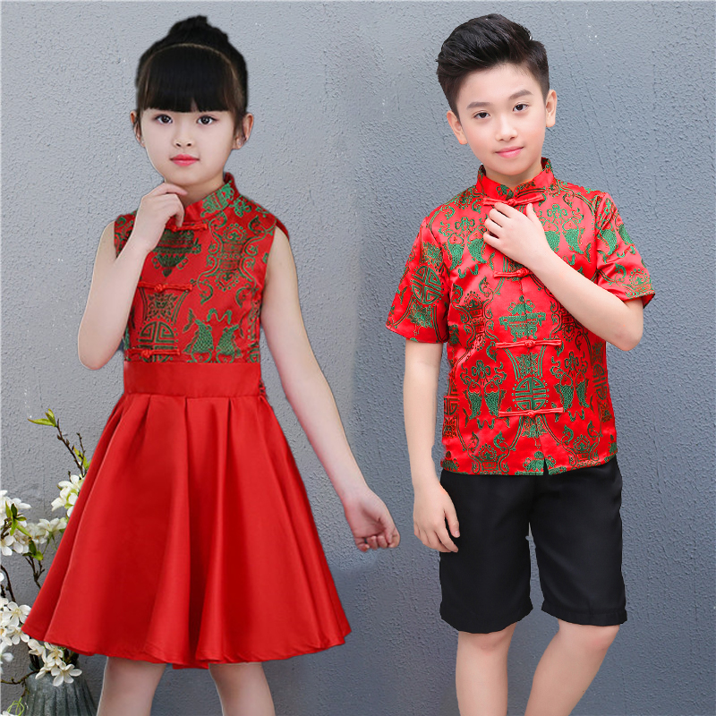 速发六一国庆幼儿男童毕业舞蹈表演服儿童蓬蓬白红唱红歌服装合唱