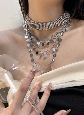 速发亮片流苏纯欲项链轻奢小众颈带多层圆片叠戴choker锁骨链配饰