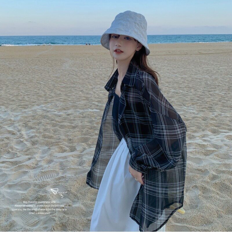 速发格子夏衣款长款衫晒防设计感衬薄外套复古港味开衫上衣