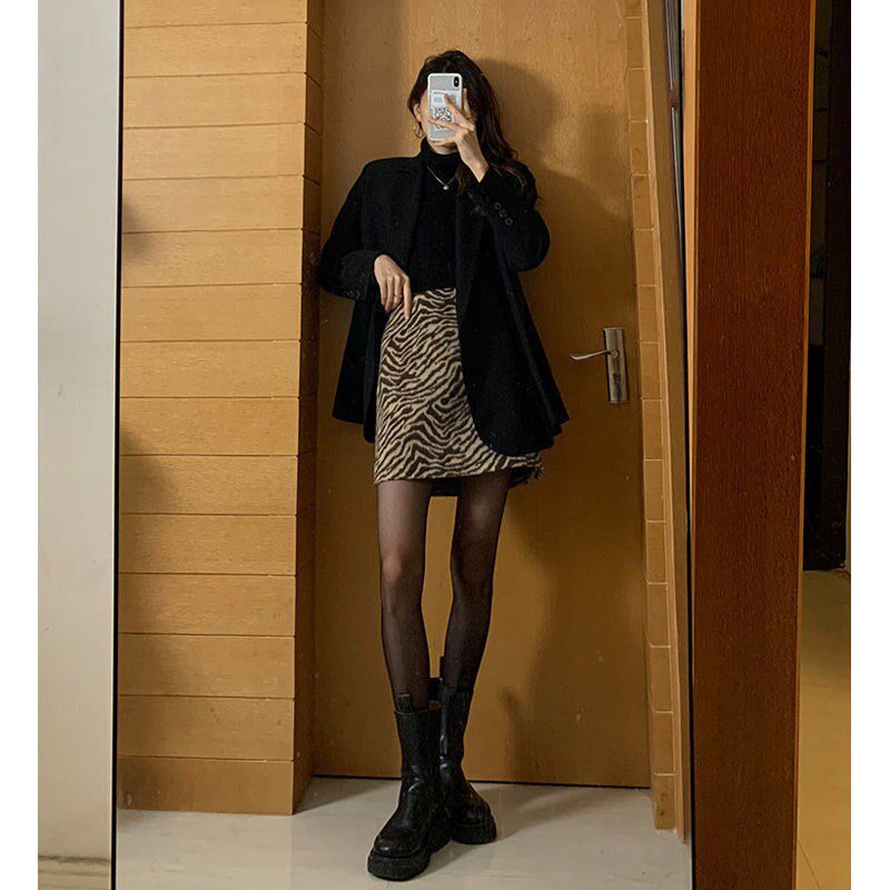 速发毛呢豹纹半身裙装2小25年新0韩版高腰a字裙款个子包臀短裙