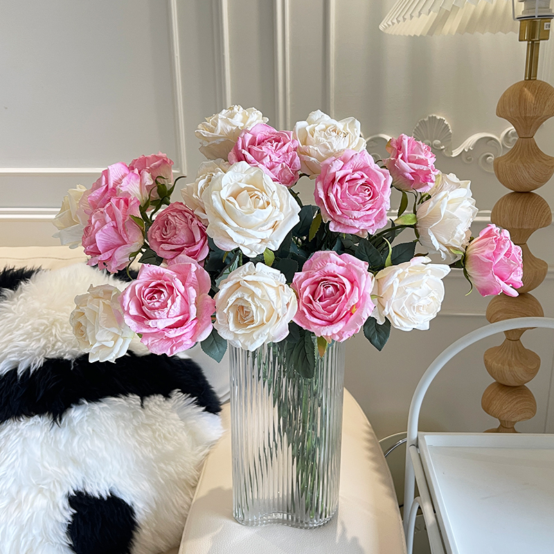 速发复古烤边玫瑰花餐束假花客厅摆设花艺玄关摆件花花桌插花摆花