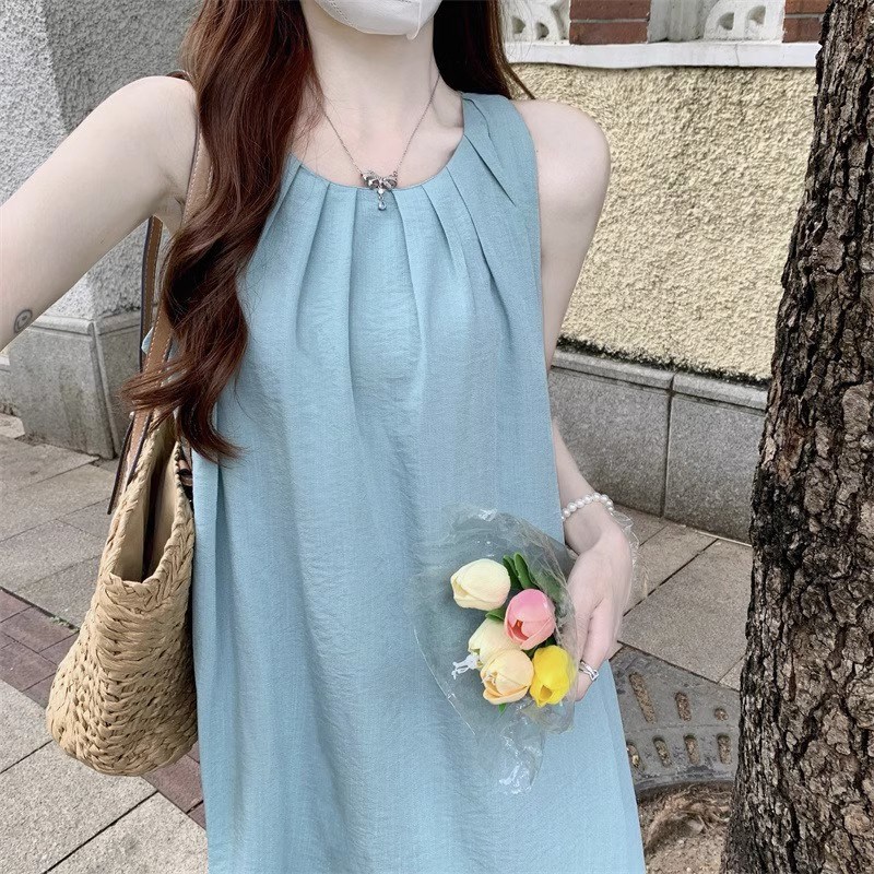 速发边有口袋)夏季海(度假连衣裙学生宽松无袖背心长A字裙裙