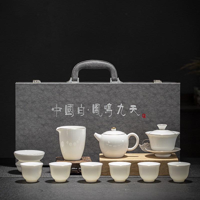 速发冰种羊脂玉盖碗凤鸣壶功夫茶具套装家用办公室白瓷商务活动礼
