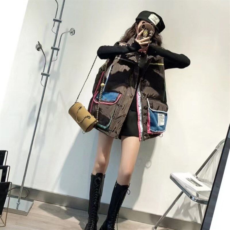 现货跨境欧货羽绒马甲女2024冬新款宽松百搭牛仔大口袋拼色马夹外