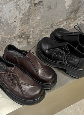 褶皱德比鞋男英伦风大头真皮黑色增高厚底翘头皮鞋百搭通勤情侣鞋