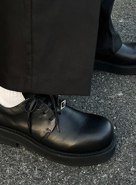 小众牛皮大头德比鞋男女同款欧美风黑色圆头厚底小皮鞋增高休闲鞋