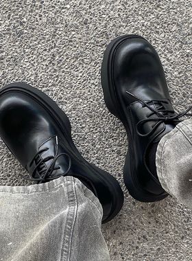 英伦风发泡底米奇系带德比鞋男黑色圆头百搭休闲小皮鞋厚底增高鞋