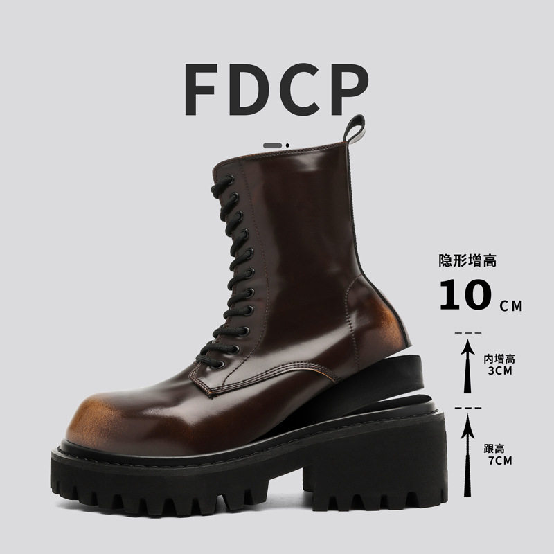 复古厚底马丁靴男增高10CM大头英伦风工装高筒靴男高帮机车靴子男