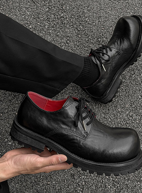 新款真皮黑色德比鞋男厚底增高英伦大翘头做旧商务正装结婚皮鞋男