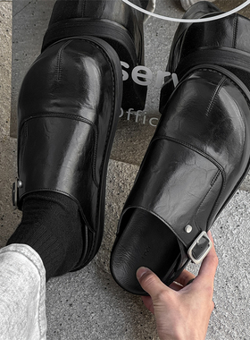 一脚蹬勃肯鞋黑色穆勒德比鞋男款休闲乐福鞋厚底增高外穿包头拖鞋