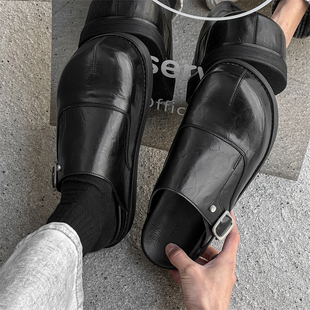 一脚蹬勃肯鞋黑色穆勒德比鞋男款休闲乐福鞋厚底增高外穿包头拖鞋