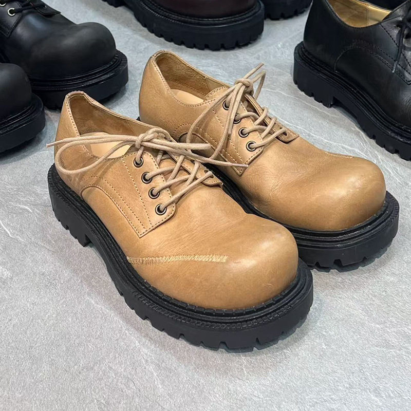 手工真皮厚底马皮德比鞋洗水做旧男女情侣鞋子欧美风休闲复古皮鞋